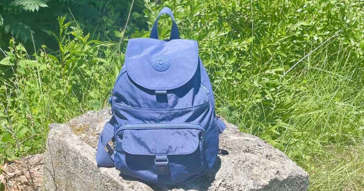 A blue backpack in a natural lush green setting placed on a stone structure.