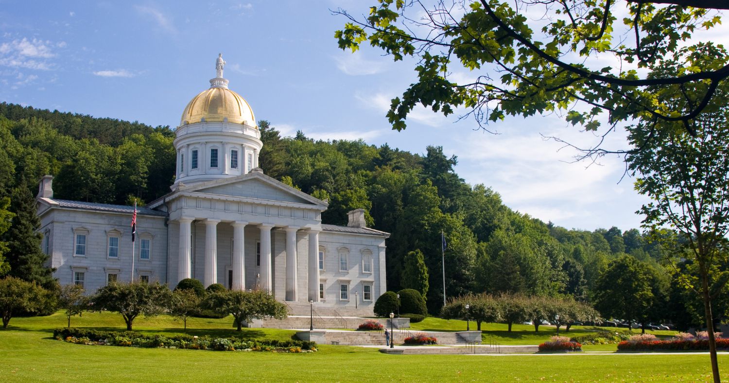 Vermont State House on a sunny day, located in Montpelier, the state capitol of Vermont.